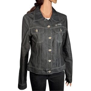Y2K Guess Dark Wash Denim Jacket with Rhinestone Logo – Size XL